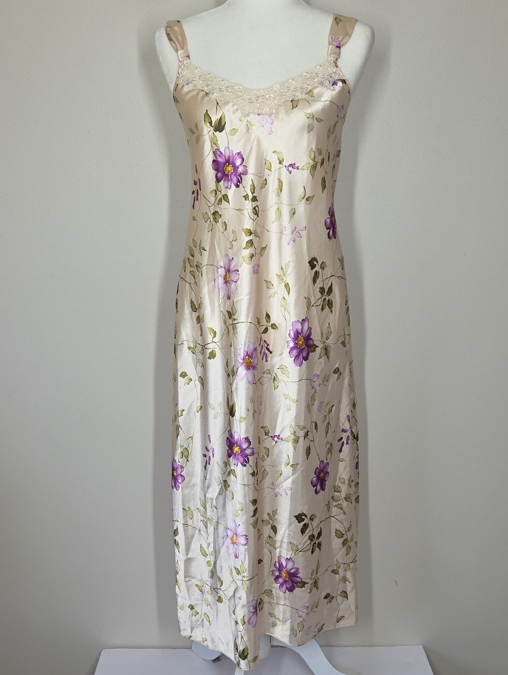 Vtg 90s Y2K Cream Floral Satin Midi Slip Dress Fairy Grunge Garden Cottagecore S
